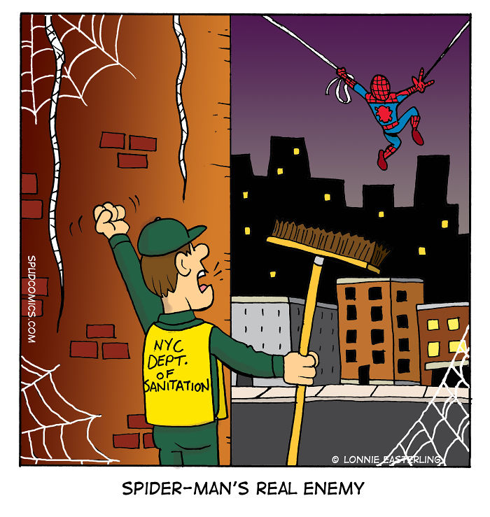 Comic strip showing a NYC sanitation worker confronting a Spider-Man figure with webs, from Spud Comics humor series.