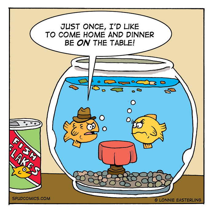 Two comic fish in a bowl, one wearing a hat, humorously discussing dinner on the table in a funny comic strip.