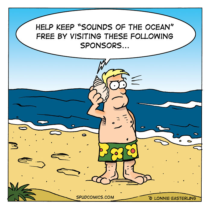 Cartoon man on beach holding a seashell phone with funny comic strips by Spud Comics style humor.