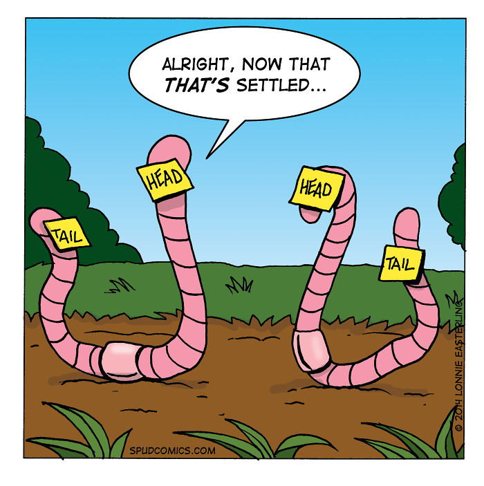 Funny comic strip by Spud Comics showing worms with labeled heads and tails in a garden setting under a blue sky.