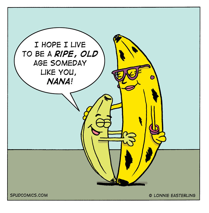 Funny comic strip from Spud Comics showing a young banana hugging an old spotted banana wearing glasses and a bracelet.