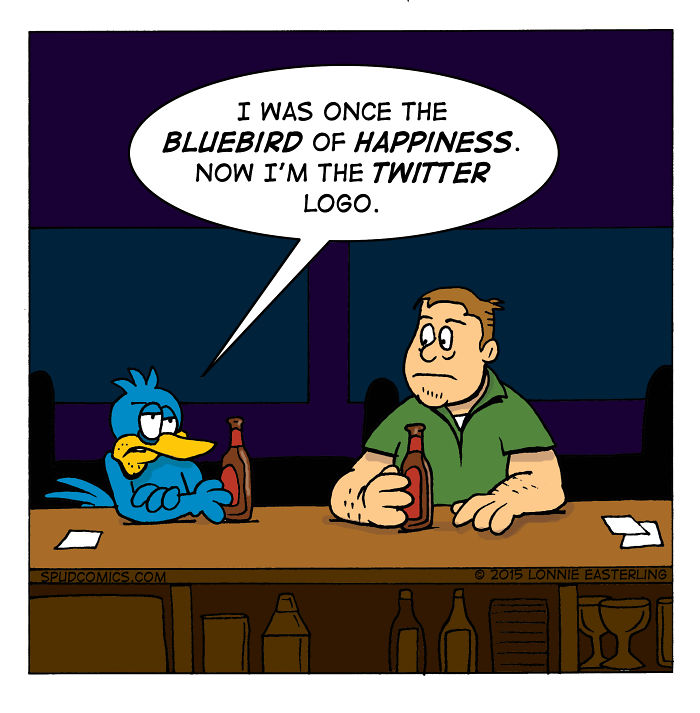 Comic strip from Spud Comics showing a bluebird talking to a man at a bar about the Twitter logo.