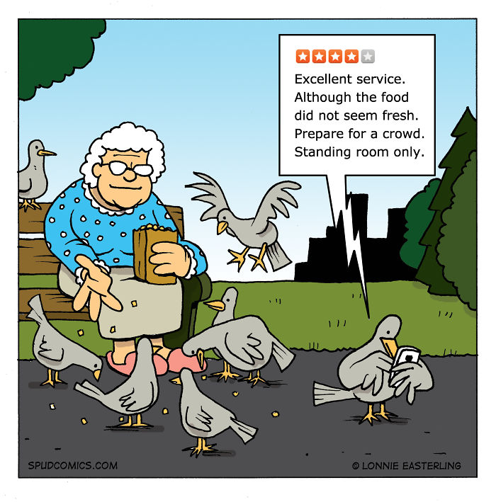 Elderly woman feeding birds in a park while a bird checks a phone review in a funny comic strip by Spud Comics.