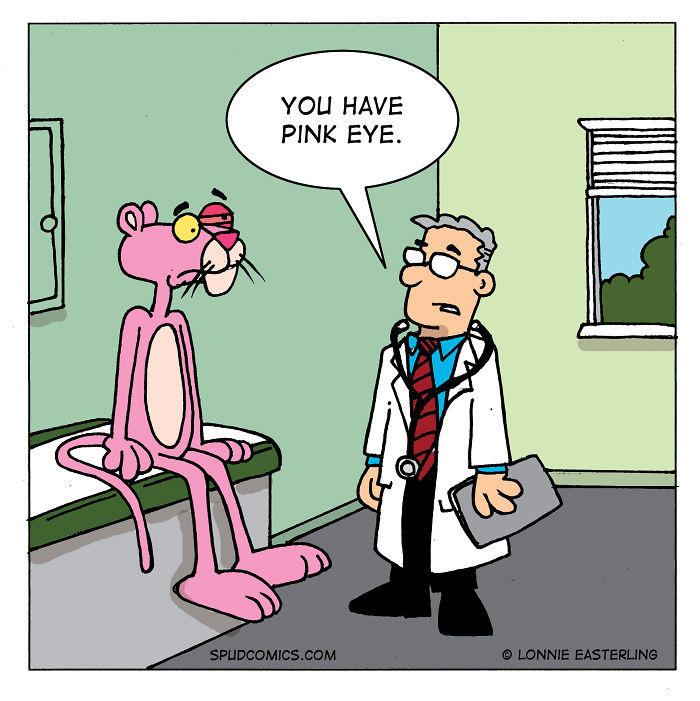 Pink Panther character with red swollen eye talking to doctor in comic strip style from Spud Comics.