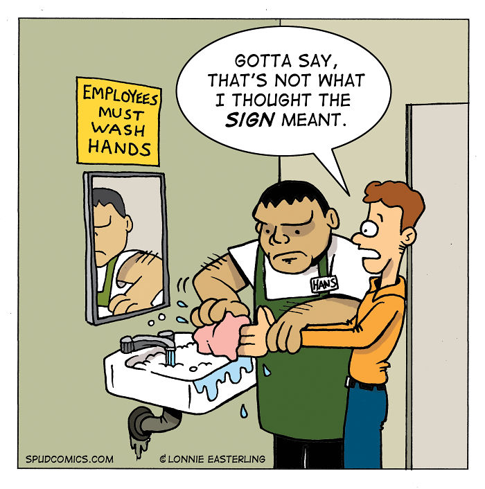 Cartoon showing two men by a sink, with one humorously misunderstanding a wash hands sign in a funny comic strip by Spud Comics.