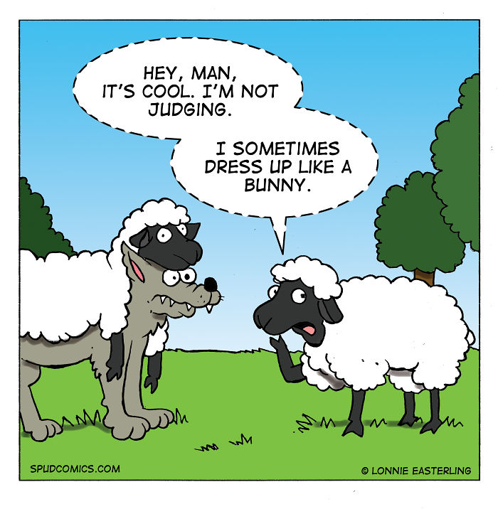 Sheep with one disguised as a wolf saying sometimes dressing up like a bunny in a funny comic strip by Spud Comics.