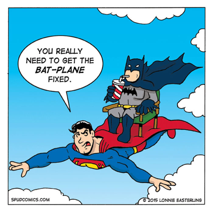Batman sitting on Superman's cape like a plane, drinking soda, with a speech bubble about fixing the bat-plane in a funny comic strip.