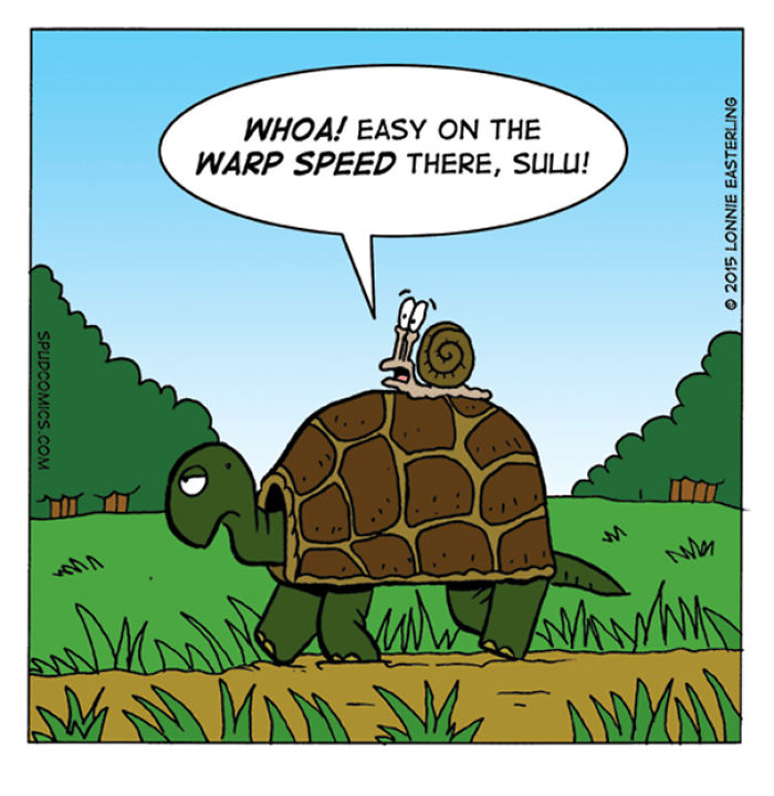 Turtle carrying a snail with a speech bubble joking about warp speed in a funny comic strip by Spud Comics.