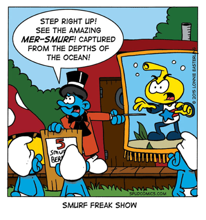 Comic strip featuring a Smurf freak show with bright colors from funny comic strips by Spud Comics.