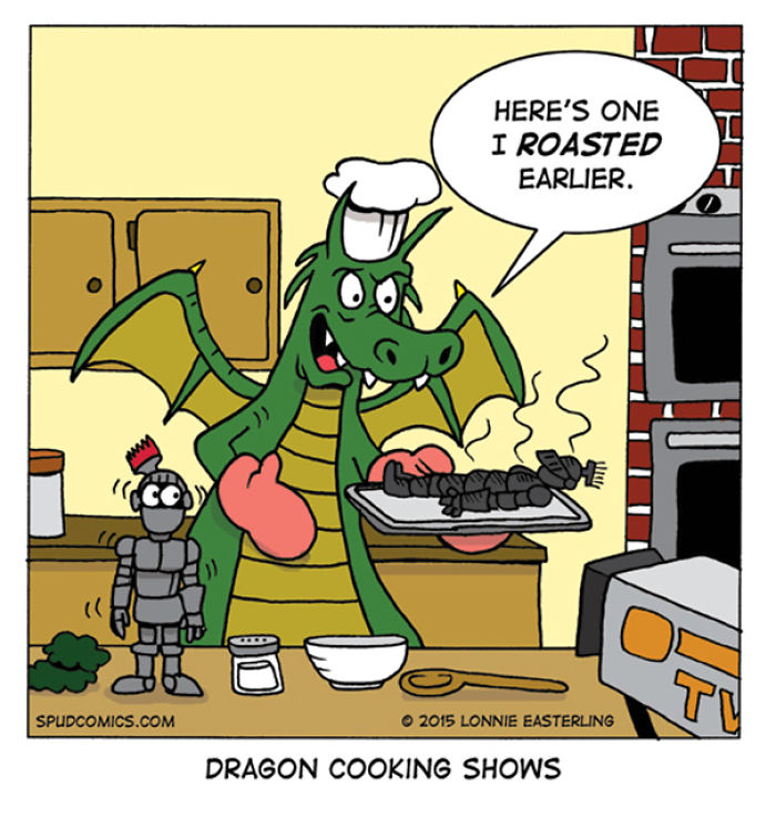 Dragon wearing chef hat and oven mitts, roasting a small knight on a tray in a kitchen, humorous comic strip by Spud Comics.