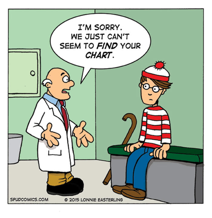 Patient dressed like Waldo talks to doctor who says they can’t find his chart in this funny comic strip by Spud Comics.