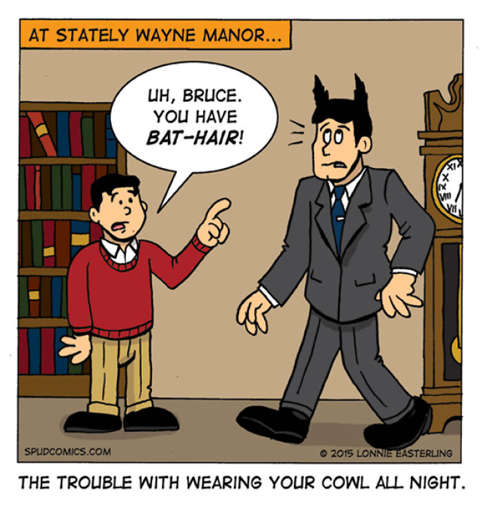 Comic strip from Spud Comics showing a character humorously commenting on another’s bat-inspired hairstyle.