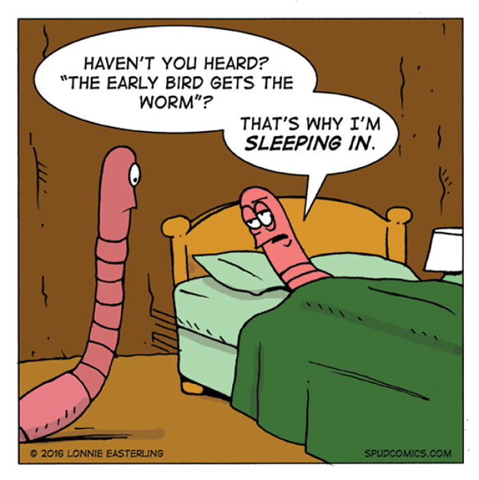Two cartoon worms in a bedroom comic strip from Spud Comics, one sleeping in while the other stands nearby.