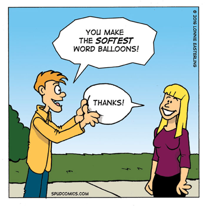 Two characters in a comic strip from Spud Comics exchanging speech bubbles about soft word balloons outdoors.