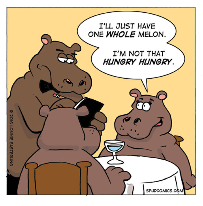 Funny comic strip from Spud Comics showing hippos ordering food with a playful hungry hungry pun at a restaurant table.