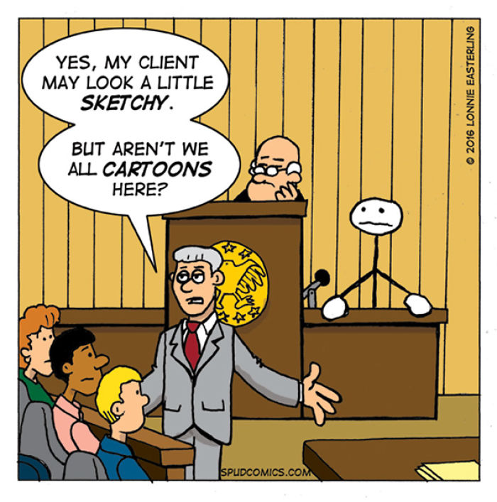 Courtroom scene cartoon with lawyer humorously defending a sketchy client in a funny comic strip by Spud Comics.