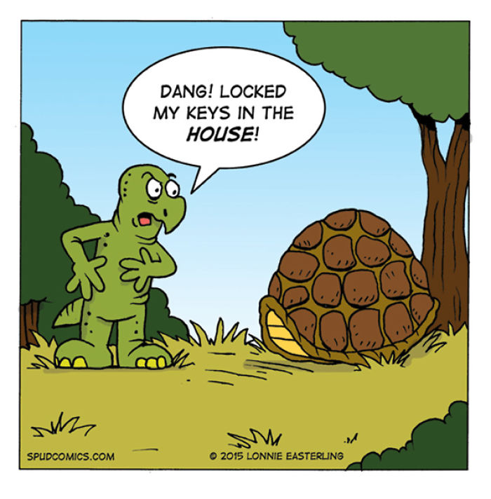 Cartoon turtle hiding in its shell labeled house while another reptile says locked my keys in the house funny comic strips.