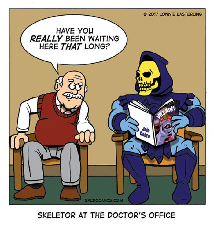 Funny comic strip showing Skeletor reading a villains magazine while waiting at the doctor’s office.