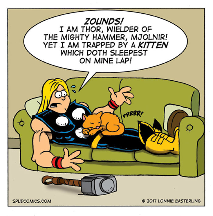 Comic strip featuring a cartoon Thor trapped by a sleeping kitten on his lap from Spud Comics series.