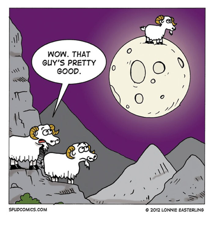 Three cartoon goats on a mountain watching a goat on the moon with a funny comic strips style from Spud Comics.