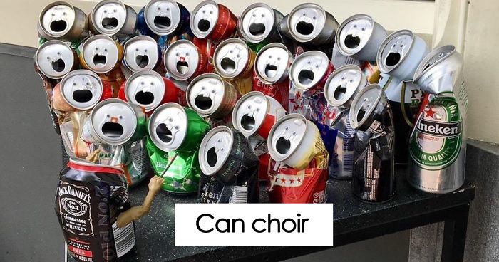 Crushed soda cans arranged like a choir, showing funny examples of pareidolia in everyday objects with surprised faces.