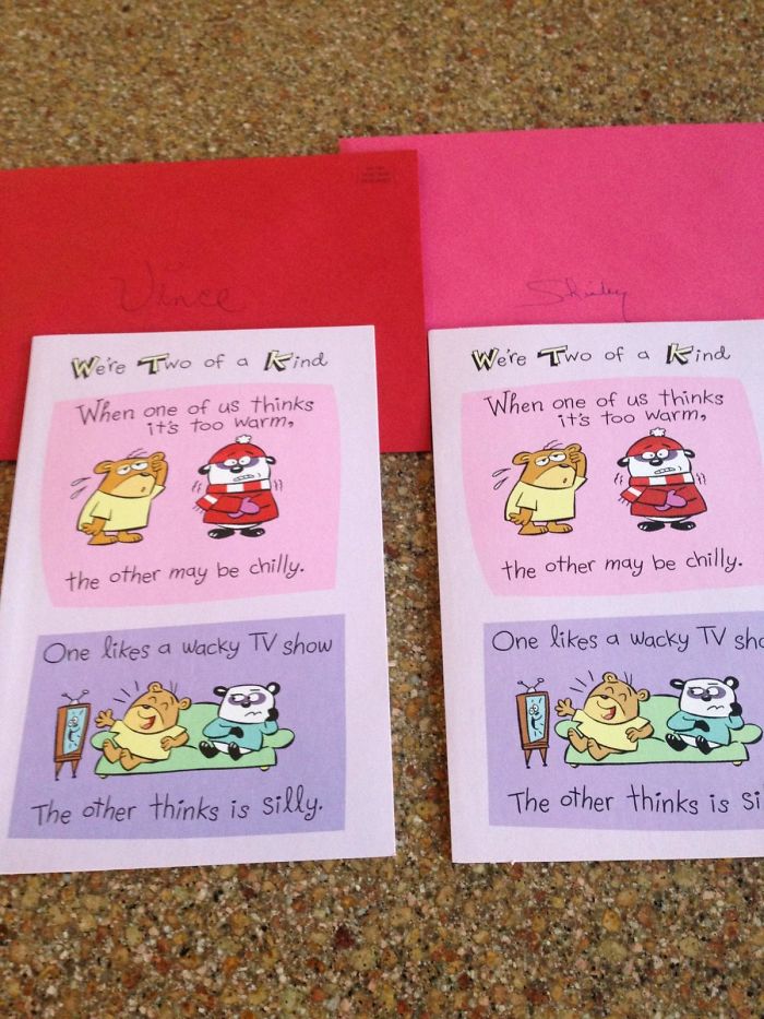 After 60 Years Of Marriage, My Grandparents' Minds Have Melded. Either My Grandparents Both Scrambled To Buy The Only Valentine's Day Cards Cvs Still Had In Stock Today Or They Just Really Are Meant To Be Together