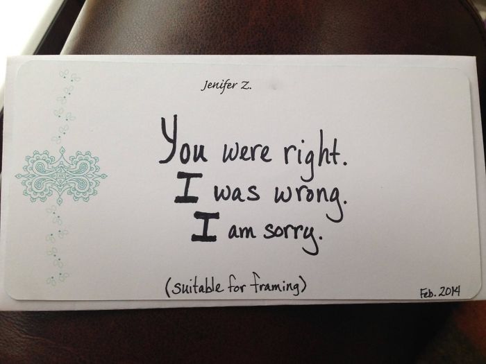 Handwritten note with an apology, humorously highlighting funny reasons being married is the best.