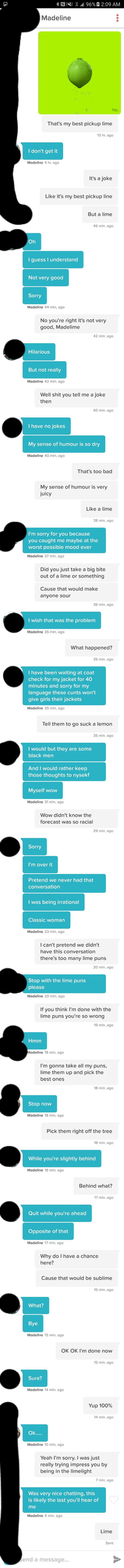 man flirting with woman using a lime pun 