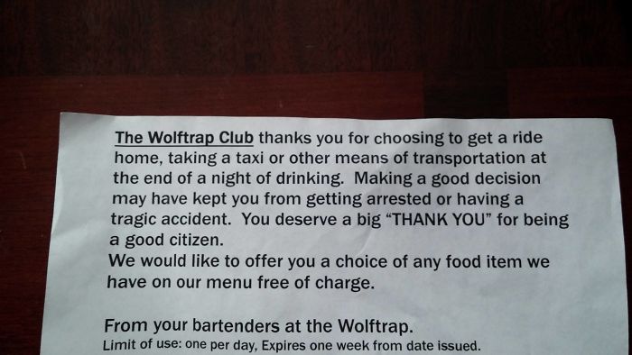 A Local Bar Puts These On Windshields Of Vehicles Left In Their Parking Lot Over Night