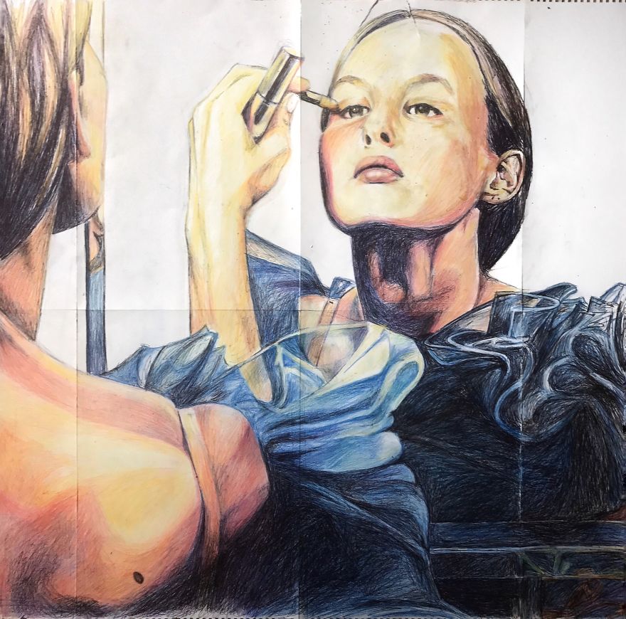 I Made Another Portrait Of My Friend With A Ball Pen And Coloured Pencils