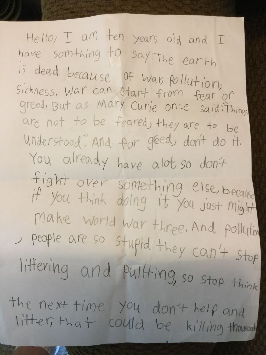 10-Year-Old Gets Fed Up With Idiots Hurting The Planet And Writes Open Letter To Humanity 10-Year-Old Gets Fed Up With Idiots Hurting The Planet And Writes Open Letter To Humanity