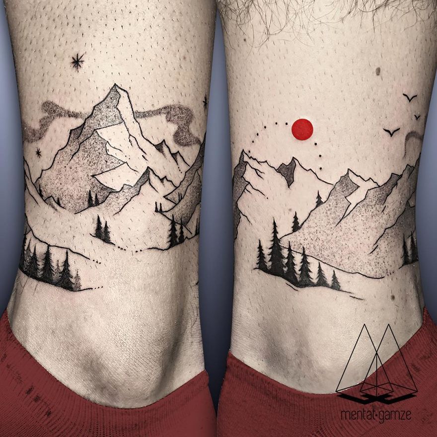 Mountain landscape tattoo with a red dot as the sun, featuring trees and birds in a minimalistic style.