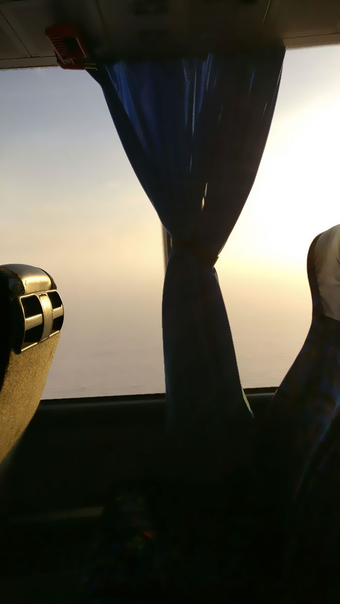 Mist And Snow Outside Makes It Look Like The Bus Is Flying Like An Airplane