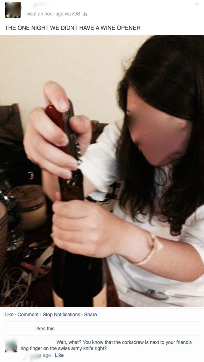 Girl Needs A "Wine Opener," Is Holding A Swiss Army Knife With A Corkscrew