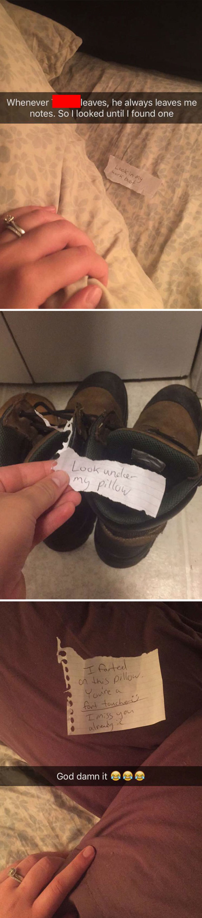 Notes in a married couple's playful exchange about a hidden fart joke under a pillow.