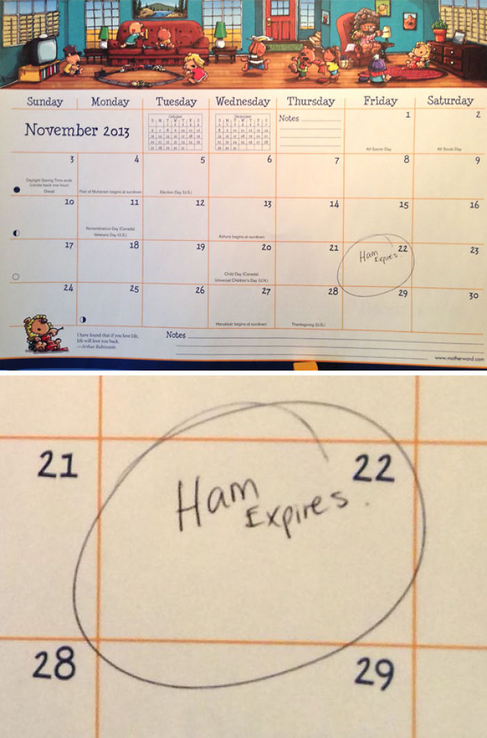 Calendar for November 2013 with a note highlighting "Ham Expires" on the 22nd, showcasing funny married life moments.