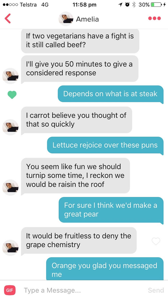 man and woman exchanging puns via message 