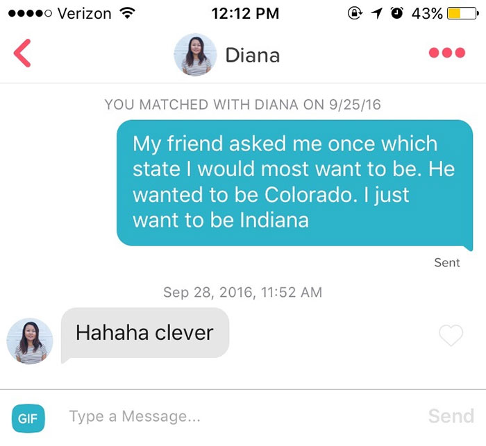 person flirting with woman using her name as an Indiana pun 