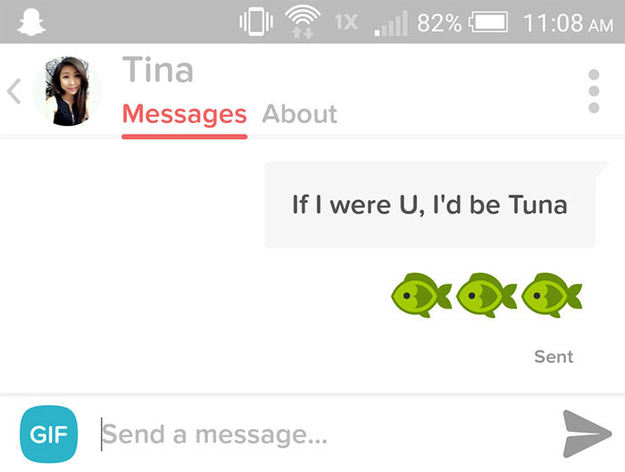 person flirting with woman using her name as a tuna pun 