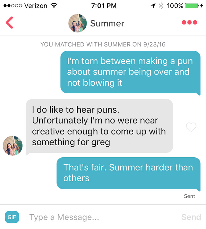person flirting with woman using her name as a pun 