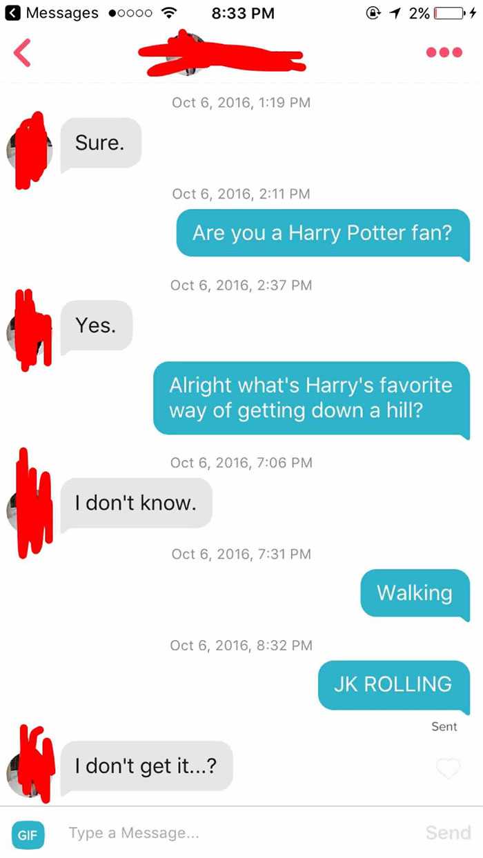 man flirting with woman using Harry Potter pun 