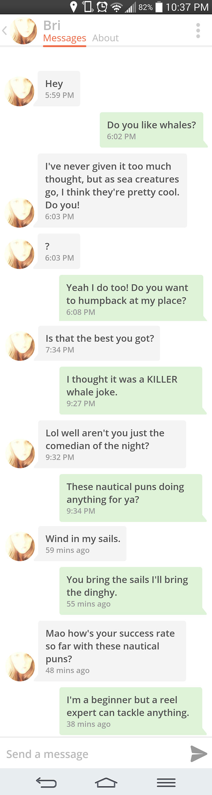 man flirting with woman using a whale joke