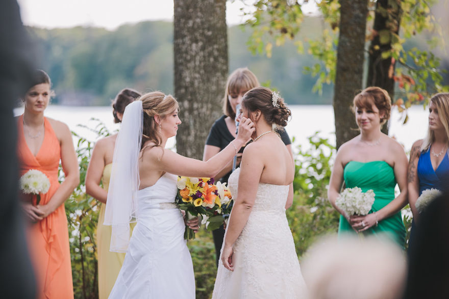 Two happy women looking at each other 