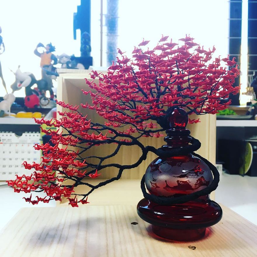 1000s Of Miniature Origami Cranes Turned Into Incredible Bonsai Trees By Naoki Onogawa