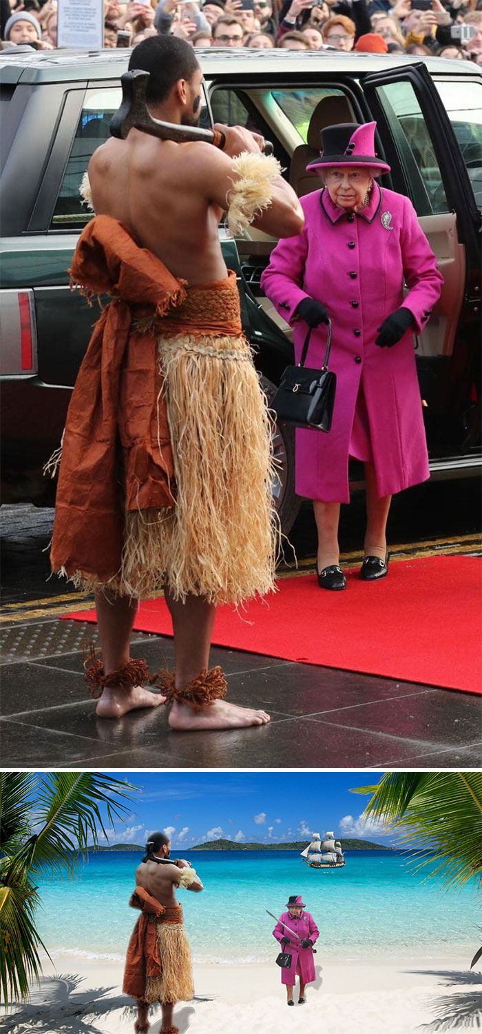 Queen Greeted By Fijian Warrior