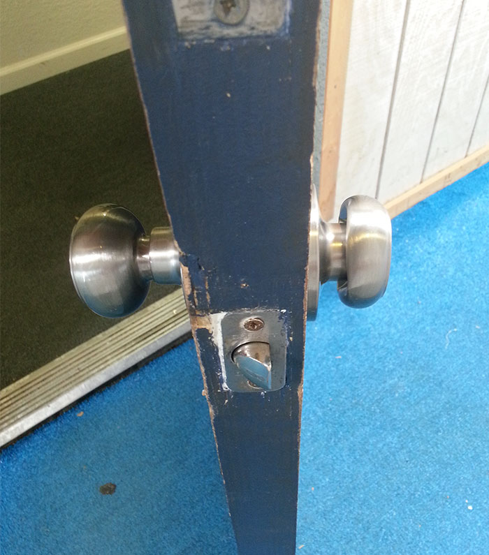 One Side Of This Doorknob At My School Has Been Flattened From Years Of Students Opening It And Letting It Hit The Wall