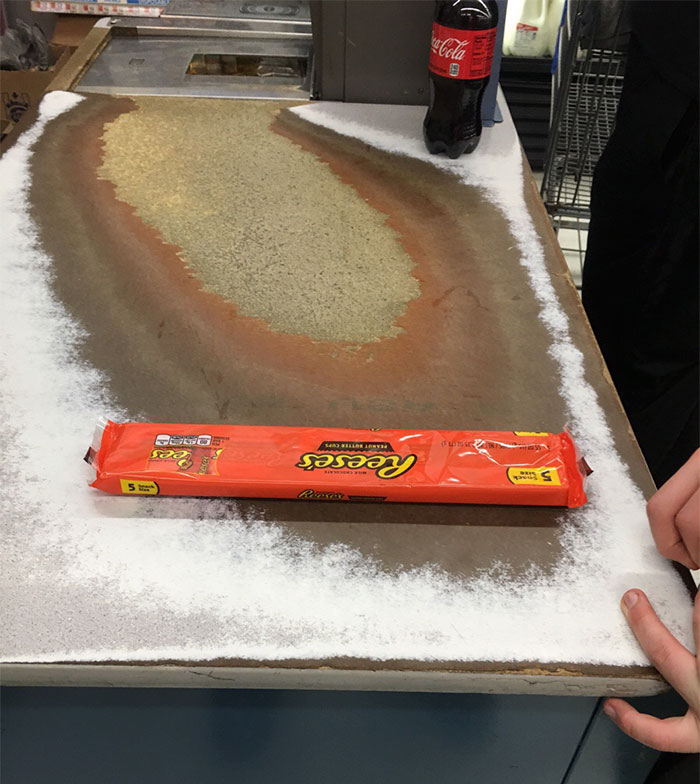 This Checkout Counter Has Worn Out In Layers From Years Of Items Sliding Across It
