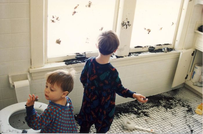 Dad Said He Would Watch Them.... Dirt From Potted Plant Everywhere Including The Toilet.