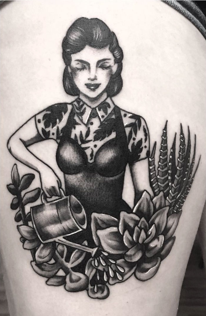 Vintage-style succulent tattoo featuring a woman watering various succulent plants.