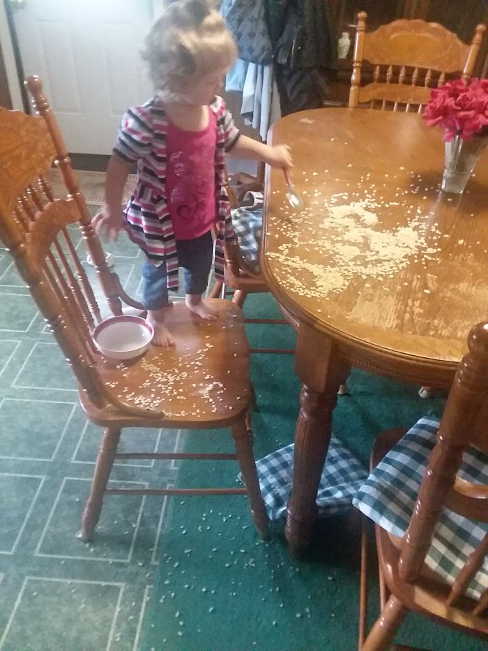 I Didn't Know She Could Climb On The Chairs.